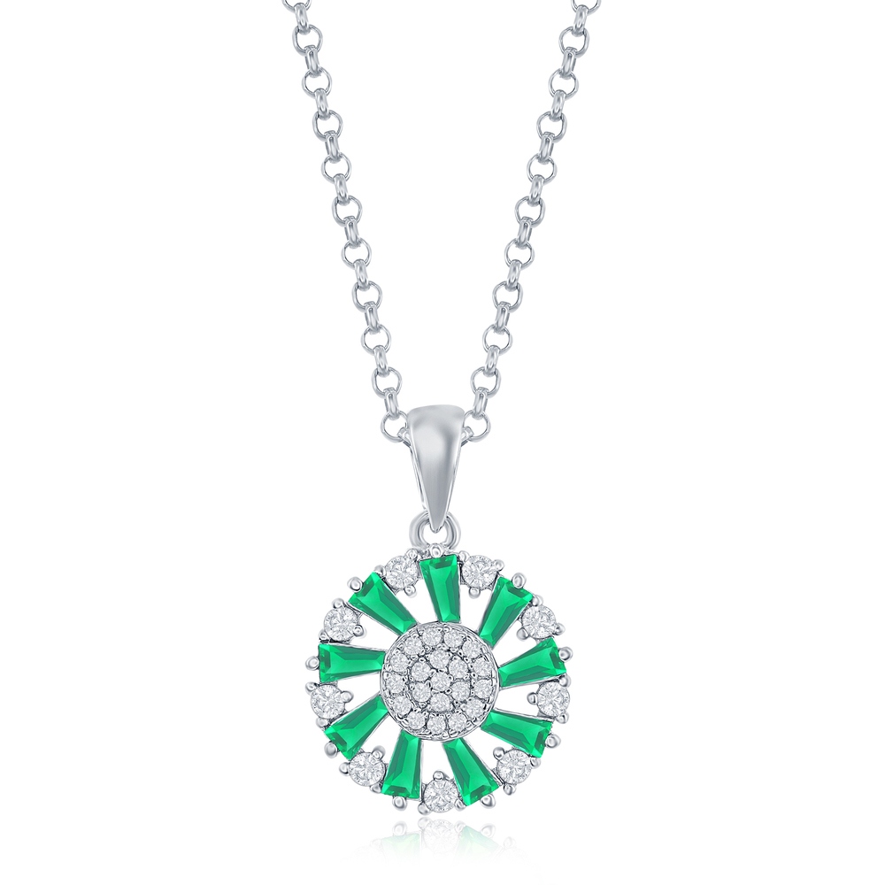 Emerald and Clear CZ Pinwheel Pendant - Sterling Silver - Click Image to Close